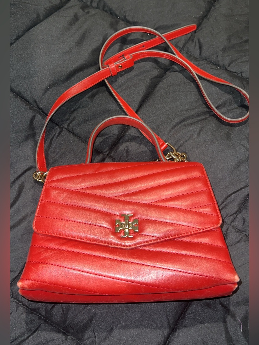 Tory Burch Red Quilted Leather Top-Handle Crossbody with Gold Hardware